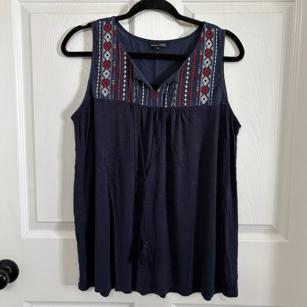 RXB Embroidered Sleeveless Boho Tank Top Large Navy Blue Tassels Hippie Flowy